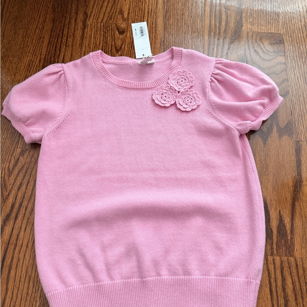 Janie and Jack Pink Short Puff-Sleeve Sweater with Crochet Flowers